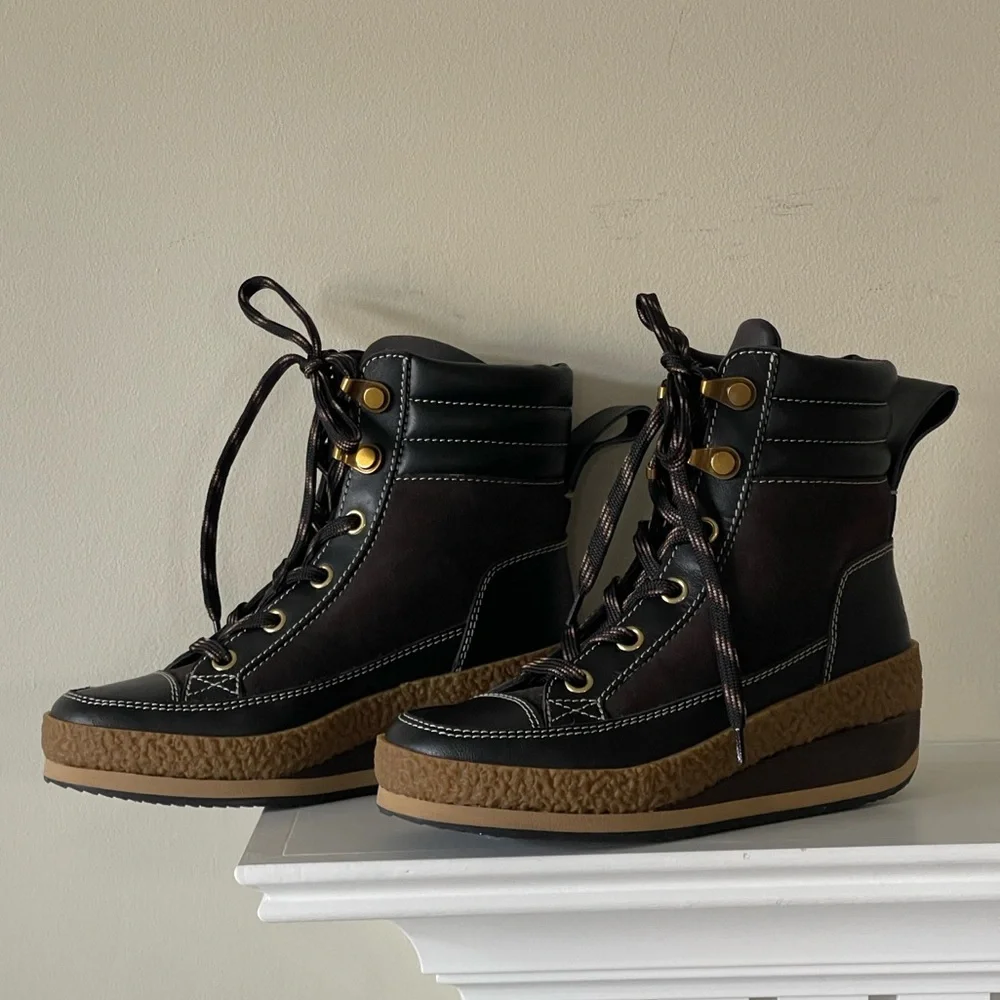 See By Chloé Women's Black and Brown Wedge Lace-Up Boots NWOT Size 37 - Picture 6 of 9